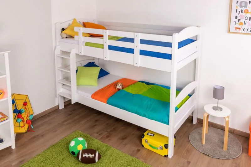 Kinderstockbett 90 x 200 cm | Massivholz: Buche | Weiß Lackiert | umbaubar in 2 Einzelbetten | Premium-Qualität | inkl. Rollroste Abbildung