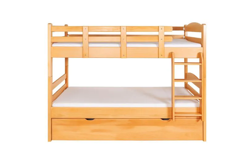 Jugendetagenbett 90 x 200 cm + Bettkasten/Stauraum/Ausziehbett | Massivholz: Buche | Natur Lackiert | umbaubar/teilbar in 2 Einzelbetten | inkl. Rollroste Abbildung