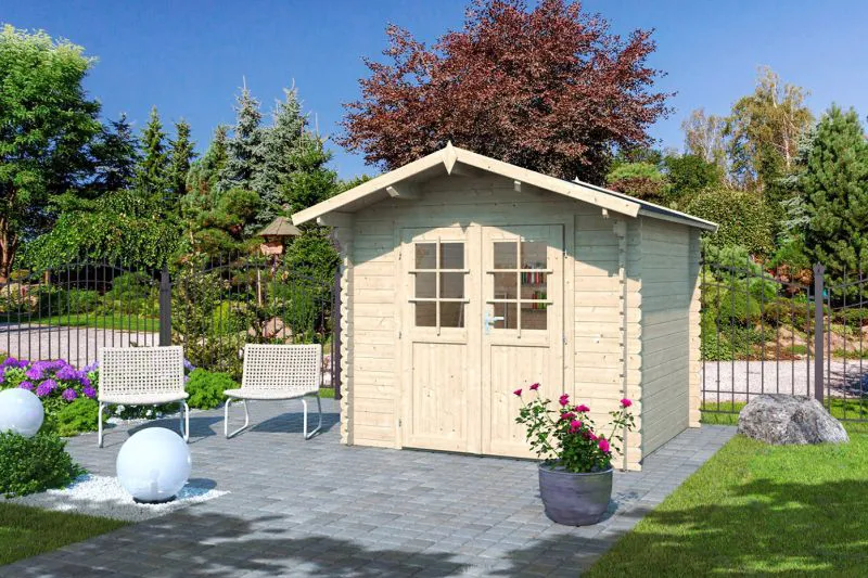 Holz-Gartenhaus 3,48 x 2,69 Meter (inkl. Dach) | Natur | Satteldach | 28 mm Blockbohlen-Haus Abbildung