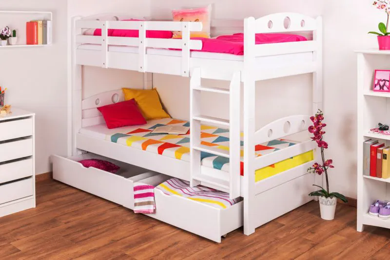 Kinderstockbett inkl. Stauraum (2 Schubladen) | 90 x 200 cm | Massivholz: Buche | Weiß Lackiert | umbaubar in 2 Einzelbetten | Premium-Qualität | inkl. Rollroste Abbildung