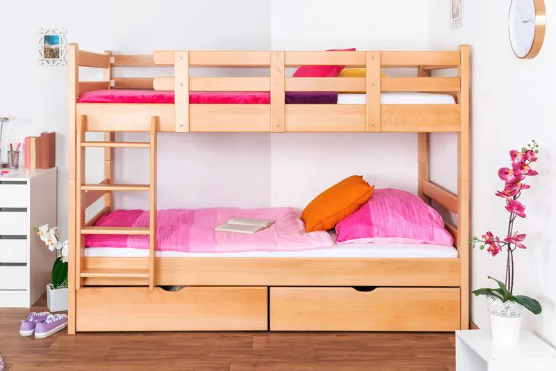 Kinderstockbett inkl. Stauraum (2 Schubkästen) | 90 x 200 cm | Massivholz: Buche | Natur Lackiert | umbaubar in 2 Einzelbetten | Premium-Qualität | inkl. Rollroste Abbildung