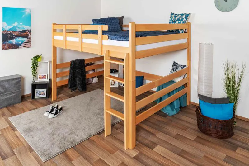 Jugendzimmer-Hochbett 160 x 200 cm | Massivholz: Buche | Natur Lackiert | umbaubar in Einzelbett | Premium-Qualität | inkl. Rollrost Abbildung