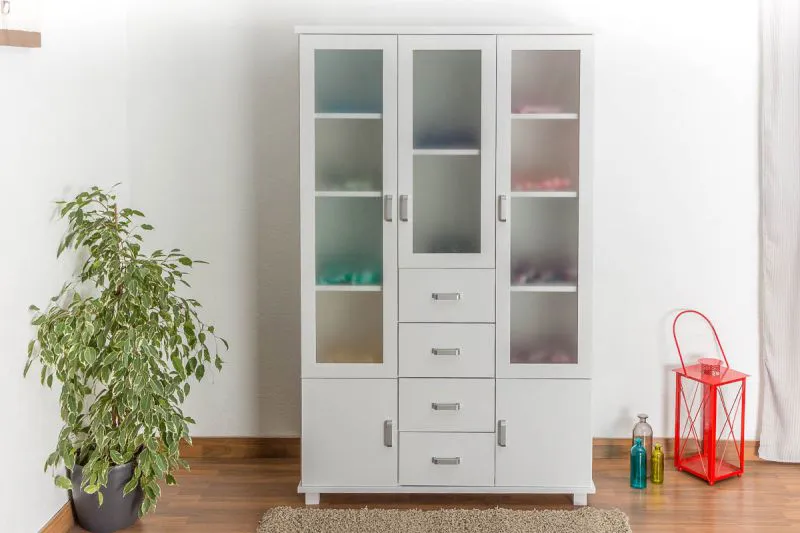 Kleiderschrank | 5 Drehtüren | 4 Schubladen | 12 Fächer | 121 cm breit | Massivholz | Farbe: Weiß Abbildung