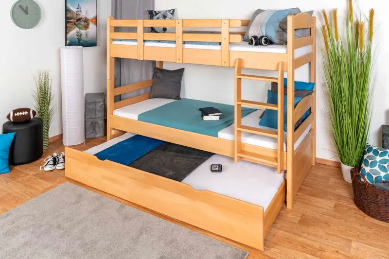 Stockbett + Bettkasten für Jugendliche 90 x 200 cm | Massivholz: Buche | Natur Lackiert | umbaubar in 2 Einzelbetten | inkl. Bettkasten | inkl. Rollroste Abbildung