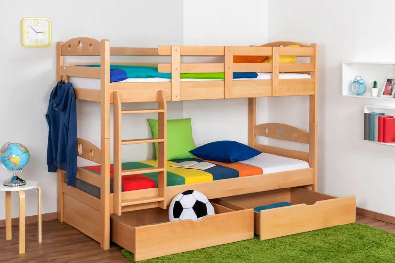 90 x 200 cm Etagenbett mit Stauraum / 2 Schubladen für Kinder Massivholz: Buche | Natur Lackiert | umbaubar in 2 Einzelbetten | Premium-Qualität | inkl. Rollroste Abbildung