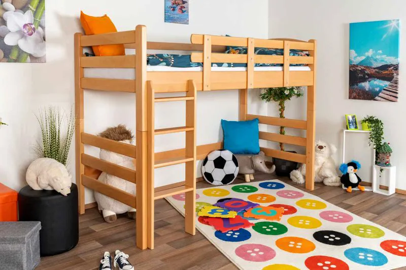 Hochbett für Jugendliche 90 x 190 cm | Massivholz: Buche | Natur Lackiert | umbaubar in Einzelbett | Premium-Qualität | inkl. Rollrost Abbildung