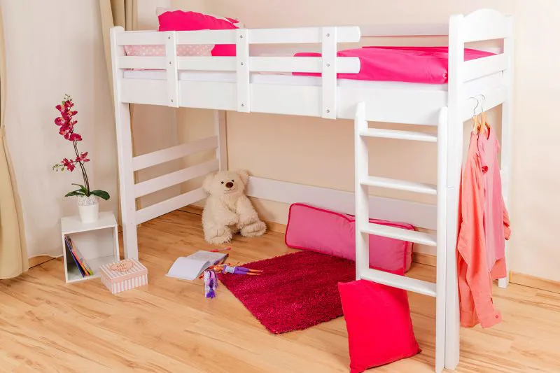Hochbett für Kinder 90 x 200 cm | Massivholz: Buche | Weiß Lackiert | umbaubar in Einzelbett | Premium-Qualität | inkl. Rollrost Abbildung