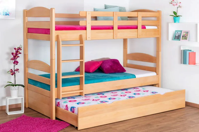 Etagenbett + Ausziehbett für Kinder 90 x 200 cm | Massivholz: Buche | Natur Lackiert | inkl. Stauraum/Ausziehbett | umbaubar in 2 Einzelbetten | inkl. Rollroste Abbildung