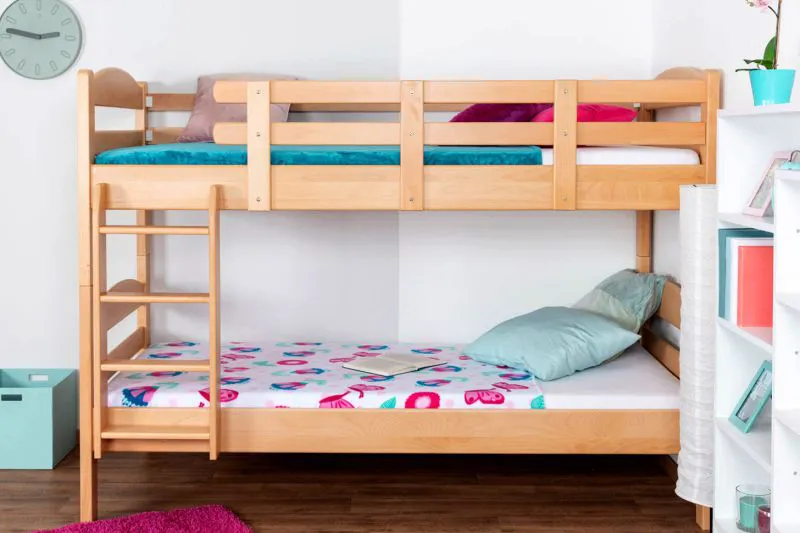 Stockbett für Jugendliche 90 x 200 cm | Massivholz: Buche | Natur Lackiert | umbaubar in 2 Einzelbetten | inkl. Rollroste Abbildung