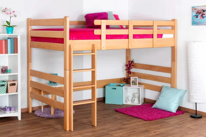 Hochbett für Jugendliche 120 x 200 cm | Massivholz: Buche | Natur Lackiert | umbaubar in Einzelbett | Premium-Qualität | inkl. Rollrost Abbildung