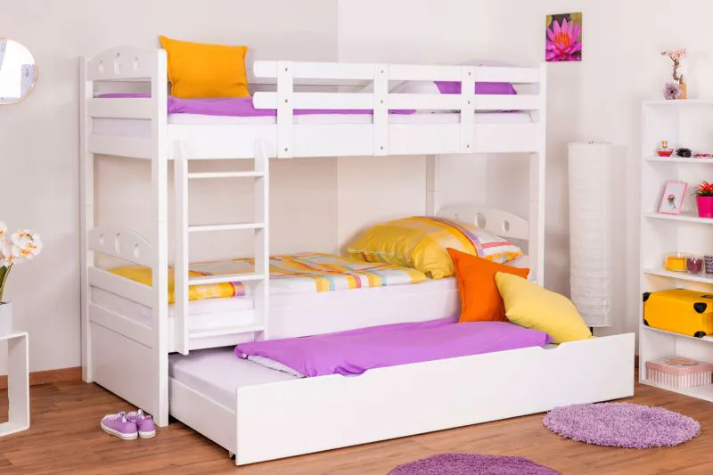 Etagenbett + Ausziehbett für Kinder 90 x 200 cm | Massivholz: Buche | Weiß Lackiert | inkl. Bettkasten | umbaubar in 2 Einzelbetten | inkl. Rollroste Abbildung