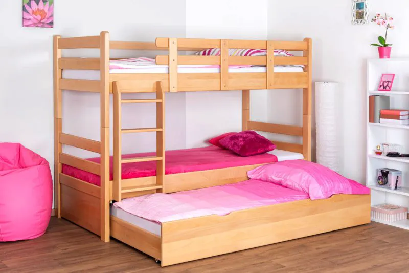 Etagenbett + Ausziehbett für Kinder 90 x 200 cm | Massivholz: Buche | Natur Lackiert | inkl. Stauraum/Ausziehbett | umbaubar in 2 Einzelbetten | inkl. Rollroste Abbildung