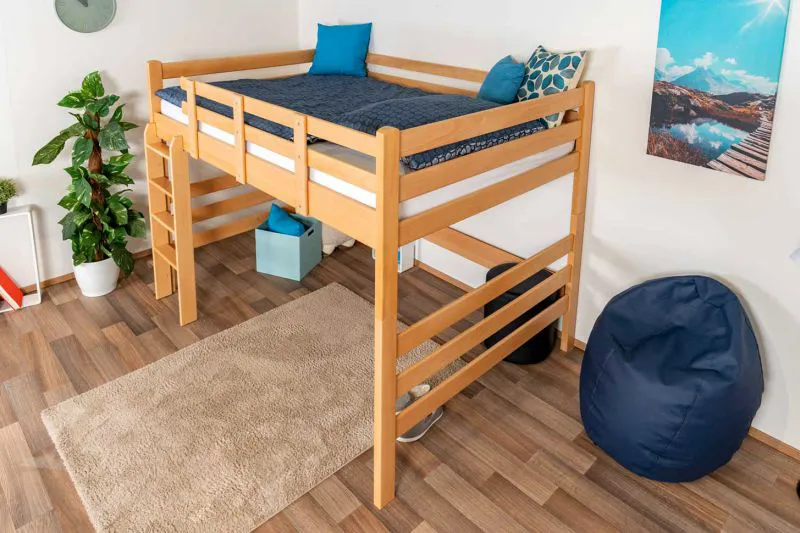 Hochbett für Kinder 140 x 200 cm | Massivholz: Buche | Natur Lackiert | umbaubar in Einzelbett | Premium-Qualität | inkl. Rollrost Abbildung
