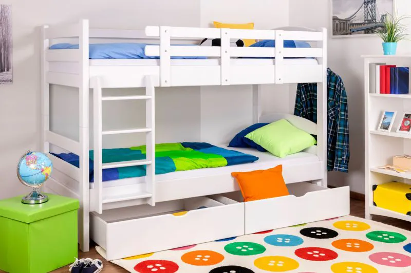 Stockbett mit Stauraum / 2 Schubladen für Jugendzimmer 90 x 200 cm | Massivholz: Buche | Weiß Lackiert | umbaubar in 2 Einzelbetten | Premium-Qualität | inkl. Rollroste Abbildung