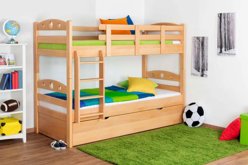 Stockbett + Ausziehbett für Jugendliche 90 x 200 cm | Massivholz: Buche | Natur Lackiert | inkl. Bettkasten | umbaubar in 2 Einzelbetten | inkl. Rollroste Abbildung
