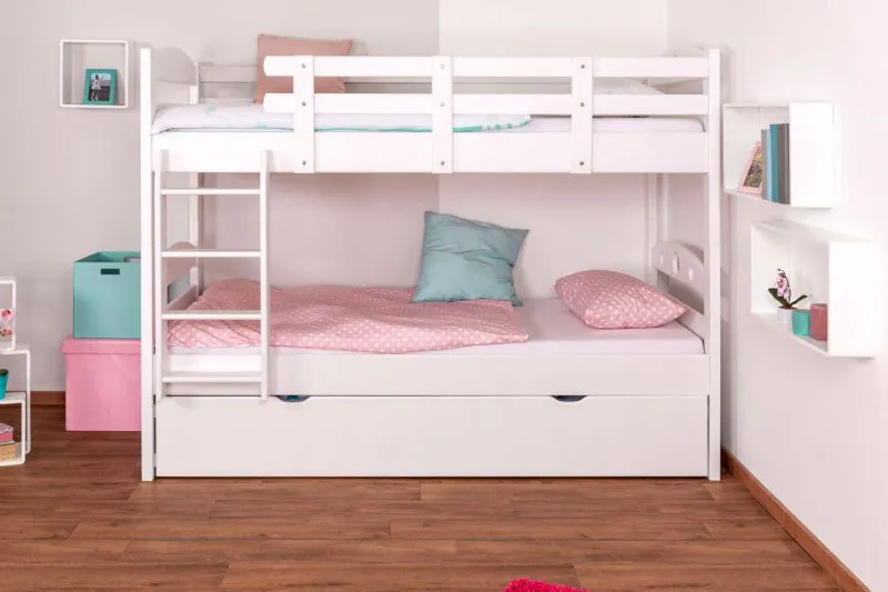 Etagenbett / Doppelstockbett + Bettkasten für Jugendliche 90 x 200 cm | Massivholz: Buche | Weiß Lackiert | inkl. Bettkasten | umbaubar in 2 Einzelbetten | inkl. Rollroste Abbildung