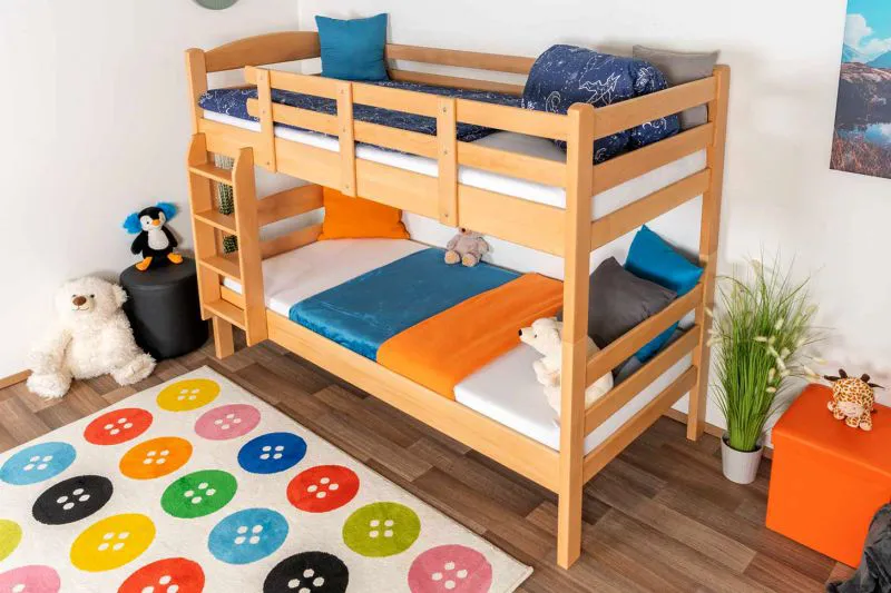 Stockbett für Kinder 90 x 200 cm | Massivholz: Buche | Natur Lackiert | umbaubar in 2 Einzelbetten | inkl. Rollroste Abbildung