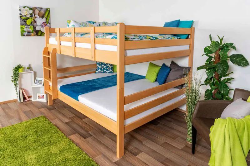 Doppelbett-Etagenbett für bis zu 4 Personen160 x 200 cm | Massivholz: Buche | Natur Lackiert | umbaubar in zwei Einzelbetten | Premium-Qualität | inkl. Rollroste Abbildung