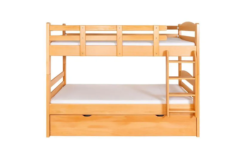 Etagenbett + Bettkasten für Jugendliche 90 x 200 cm | Massivholz: Buche | Natur Lackiert | umbaubar in 2 Einzelbetten | inkl. Bettkasten | inkl. Rollroste Abbildung