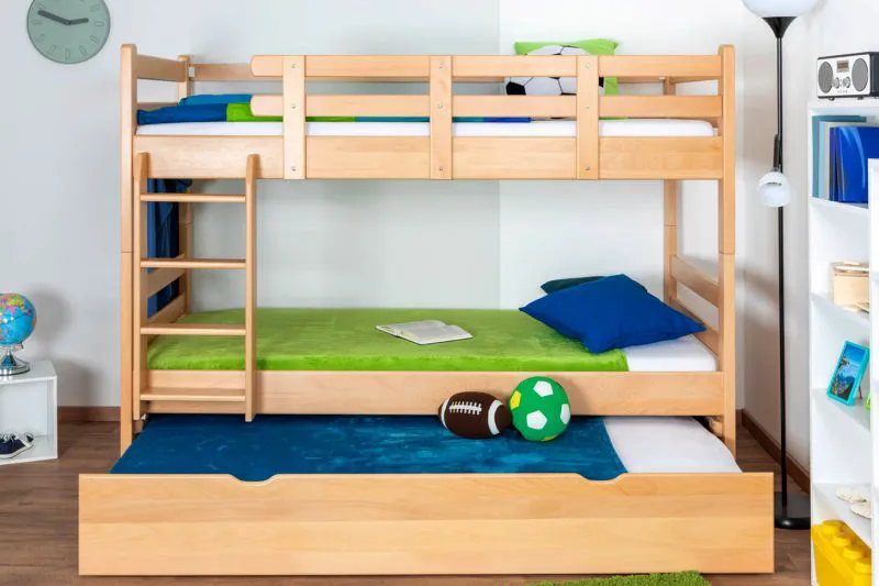 Stockbett + Ausziehbett für Kinder 90 x 200 cm | Massivholz: Buche | Natur Lackiert | inkl. Stauraum/Ausziehbett | umbaubar in 2 Einzelbetten | inkl. Rollroste Abbildung