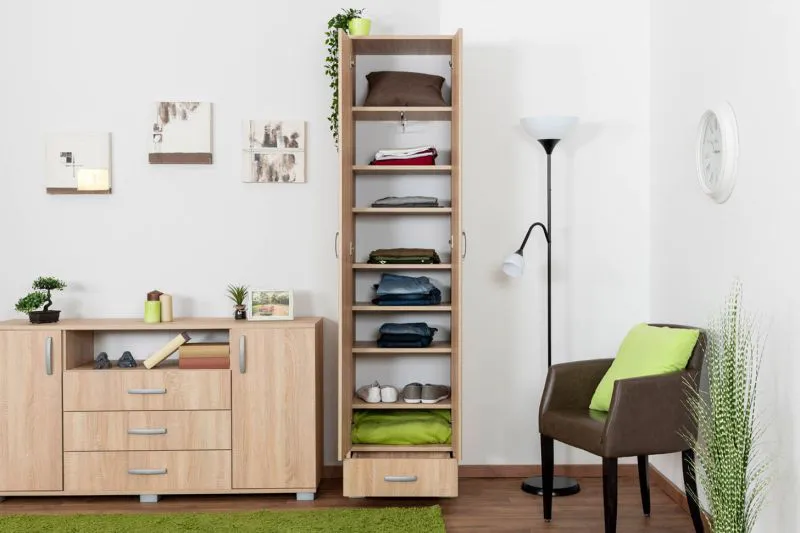 Schmaler Kleiderschrank | 2 Drehtüren | 1 Schublade | 8 Fächer | mit Kleiderstange | 50 cm breit | Farbe: Braun Abbildung