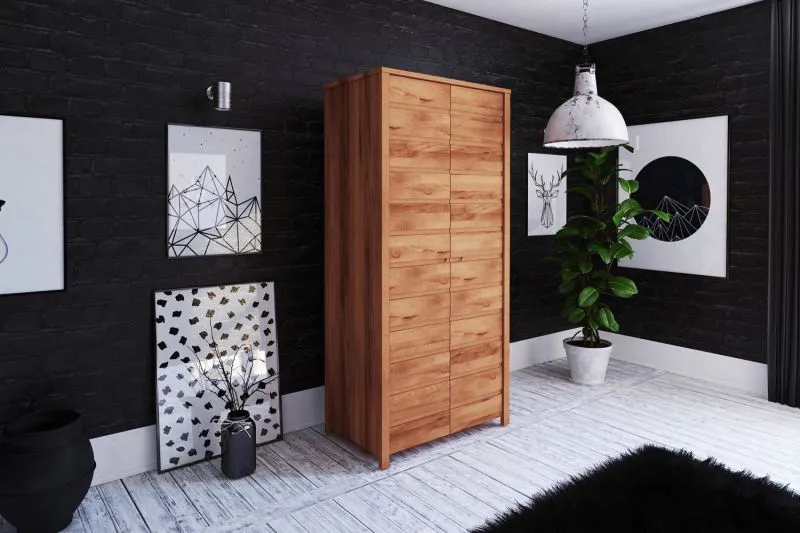 Kleiderschrank | 2 Drehtüren | 7 Fächer | 2 Schubladen | mit Kleiderstange | 100 cm breit | Massivholz | Farbe: Natur Abbildung