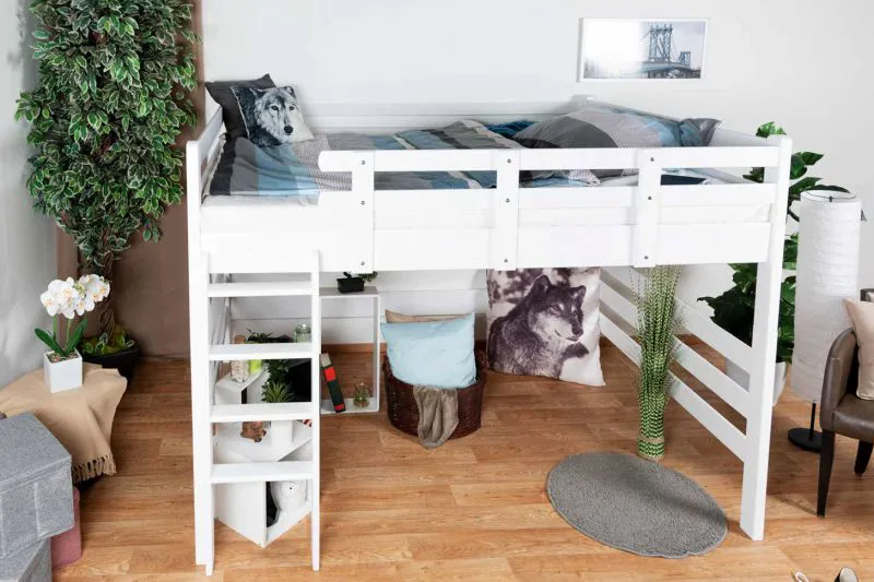 Hochbett für Kinder 160 x 200 cm | Massivholz: Buche | Weiß Lackiert | umbaubar in Einzelbett | Premium-Qualität | inkl. Rollrost Abbildung