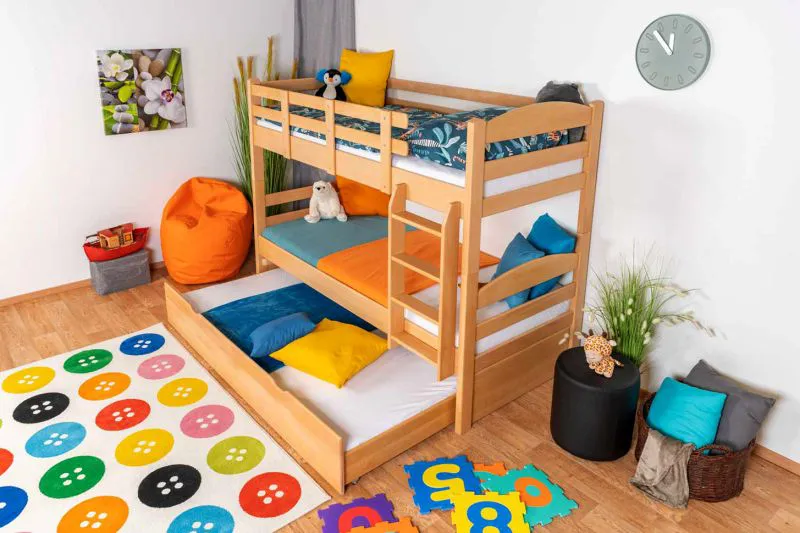 Stockbett + Bettkasten für Kinder 90 x 200 cm | Massivholz: Buche | Natur Lackiert | inkl. Bettkasten | umbaubar in 2 Einzelbetten | inkl. Rollroste Abbildung