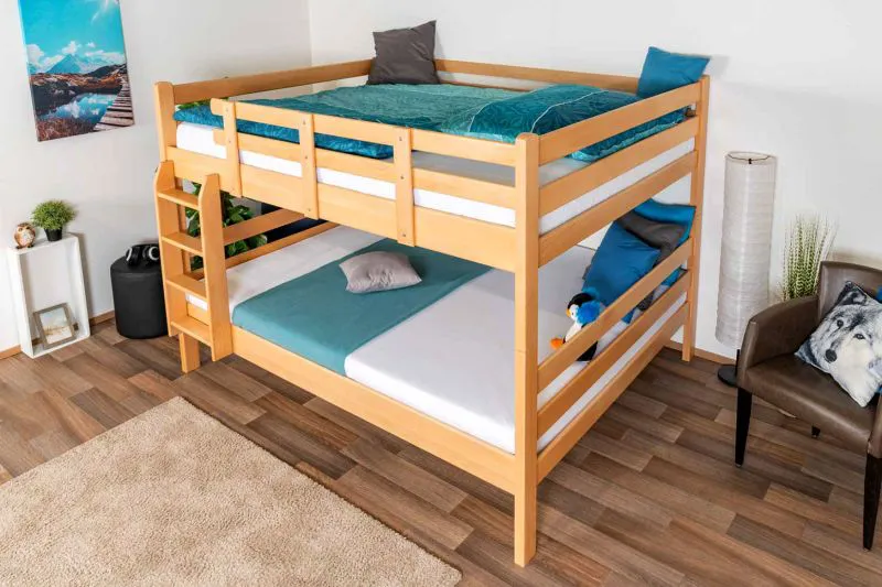 Breites Massivholz Etagenbett für Kinder und Jugendliche | Matratzenmaß: 160 x 200 cm | Natur Lackiert | umbaubar in 2 Einzelbetten | Premium-Qualität | inkl. Rollroste Abbildung