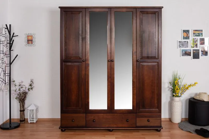Kleiderschrank mit Spiegel, Kiefer Massivholz Walnussfarben - Abmessung: 195 x 162 x 60 cm (H x B x T) Abbildung