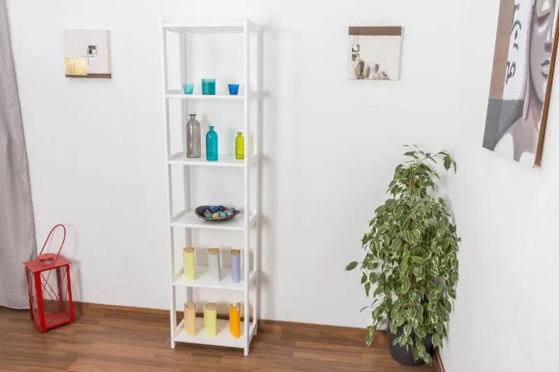 Regal, Küchenregal, Wohnzimmerregal, Bücherregal - 50 cm breit, Kiefer Holz-Massiv, Farbe: Weiß Abbildung
