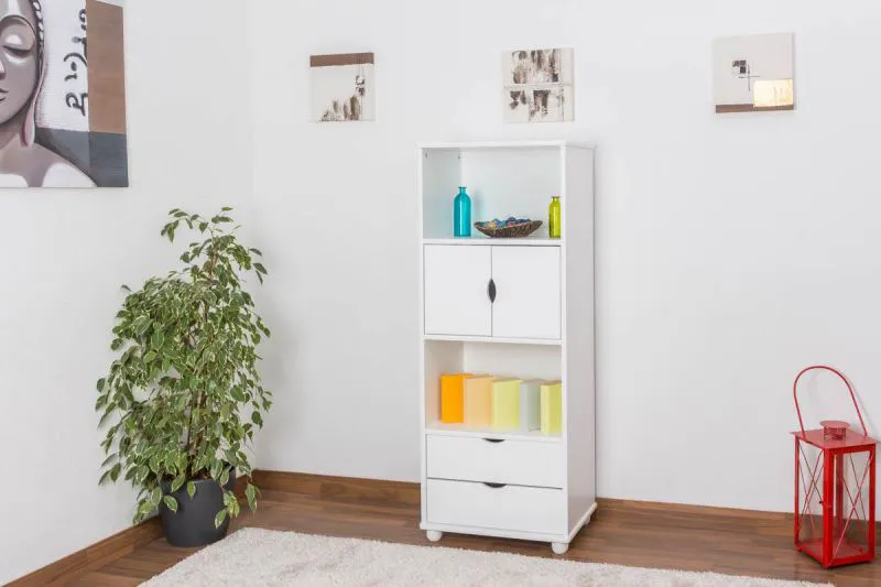 Regal, Küchenregal, Wohnzimmerregal, Bücherregal - 60 cm breit, Kiefer Holz-Massiv, Farbe: Weiß Abbildung