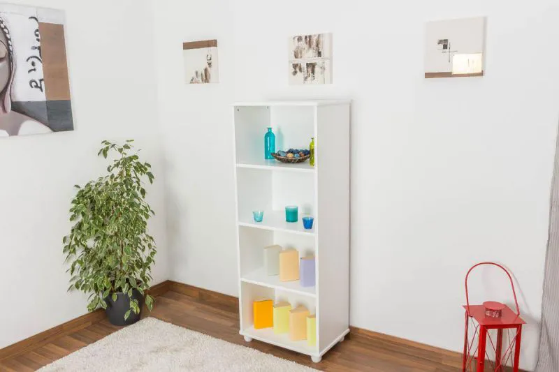 Regal, Küchenregal, Wohnzimmerregal, Bücherregal - 60 cm breit, Kiefer Holz-Massiv, Farbe: Weiß Abbildung