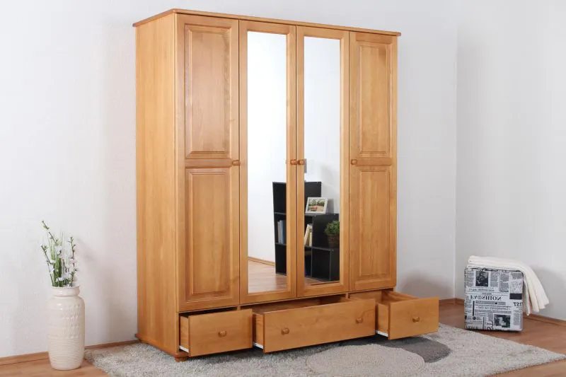 Schlafzimmer - Kleiderschrank mit Spiegel, Kiefer Massivholz Erlefarben - Abmessung: 195 x 162 x 60 cm (H x B x T) Abbildung