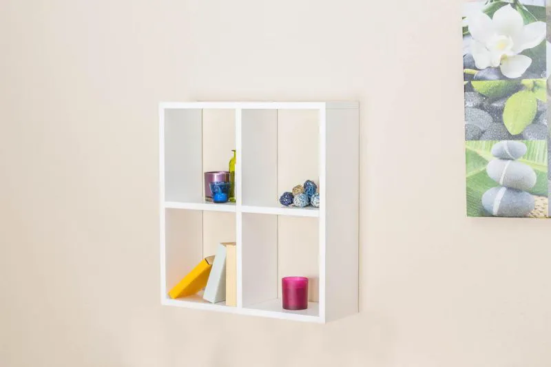Hängeregal, Wandregal, Bücherregal - 64 cm breit, Kiefer Massivholz, Farbe: Weiß Abbildung