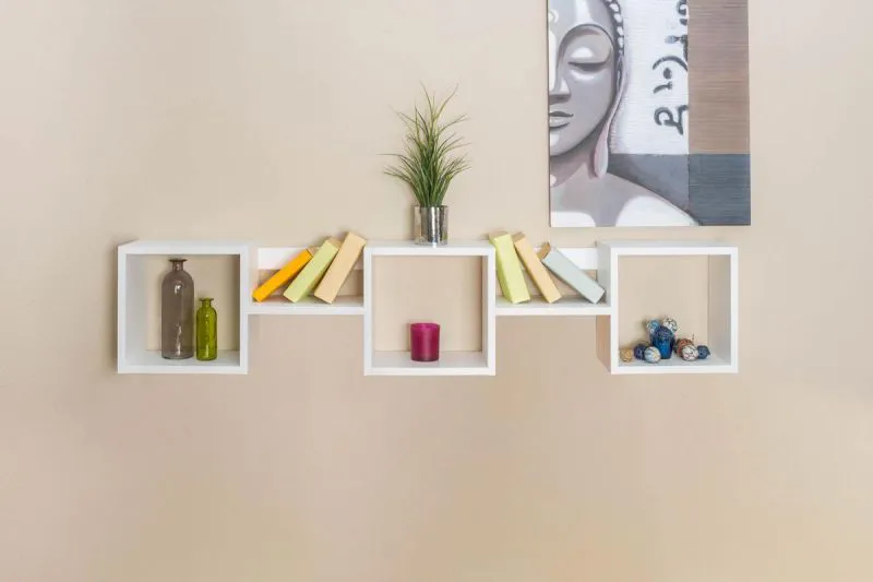Hängeregal, Wandregal, Bücherregal - 160 cm breit, Kiefer Massivholz, Farbe: Weiß Abbildung