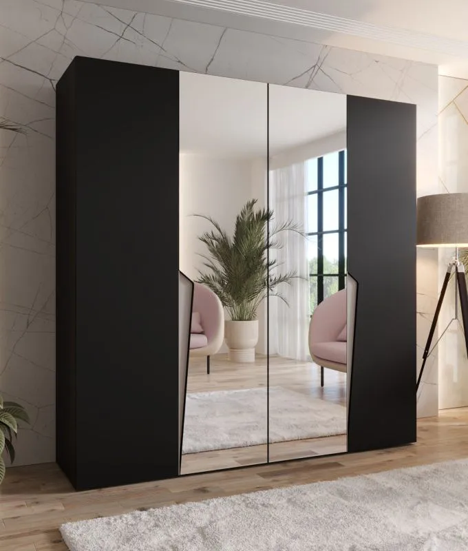 Drehtürenschrank | 2 Spiegeltüren | Farbe: Schwarz | 2 Fächer | Soft-Close | 2 Kleiderstangen | Griffe: Kaschmir | Maße: 200 x 52 x 202 cm | Kleiderschrank | ABS-Kanten