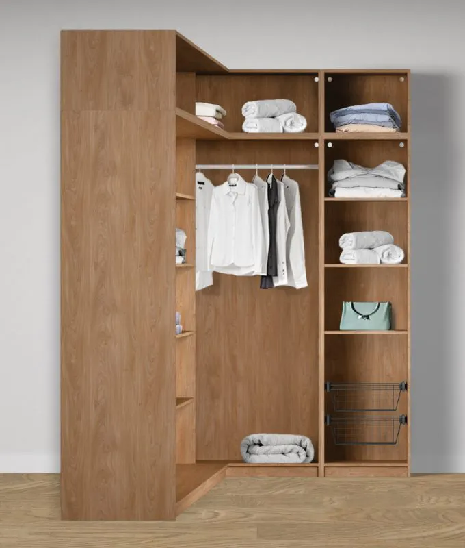 Offener Eckkleiderschrank | 2 Wäschekörbe | Farbe: Eiche Puccini | 1 Kleiderstange | 7 Holzeinlegeböden | Maße: 108,5 x 55 x 234 cm | 11 Fächer | Universelles Design
