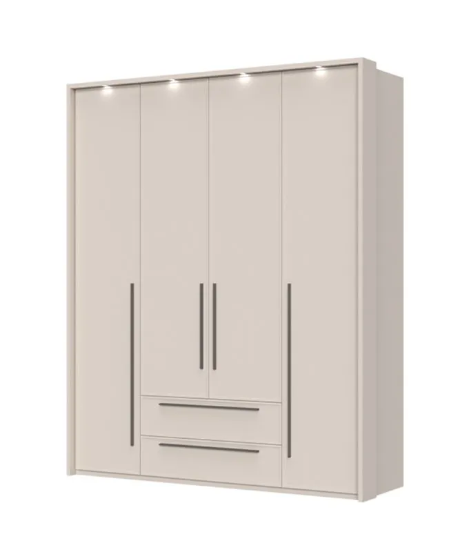 Drehtürenschrank mit vier Türen Neiafu 68, zwei Schubladen, Farbe: Kaschmir, Soft-Close-Funktion, Maße: 226 x 187 x 60 cm, drei Kleiderstangen, LED-Rahmen