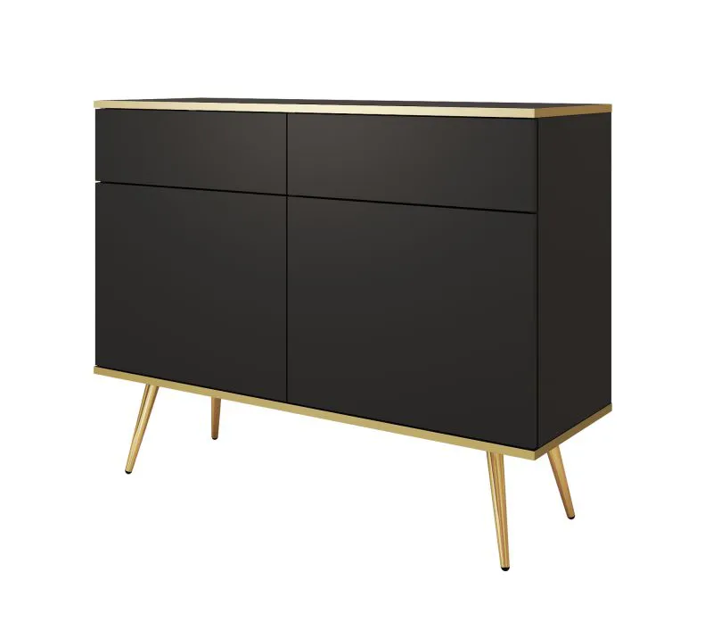 Kleine Kommode mit vier Fächern Horsham 66, Farbe: Schwarz, zwei Türen, Push-to-open Funktion, ABS-Kantenschutz, zwei Schubladen, Beine: Gold