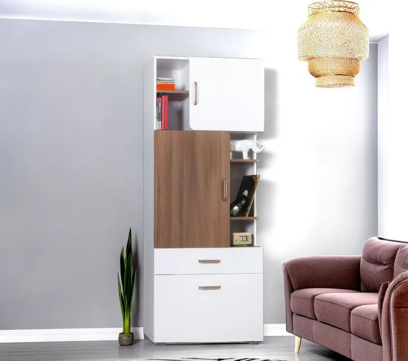 Schrank Bulolo 24, Farbe: Weiß / Nuss - Abmessungen: 198 x 80 x 38 cm (H x B x T)