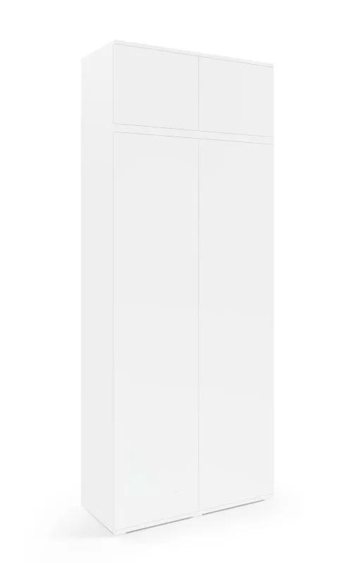 Schrank für Garderobe mit Aufsatz Zapopan 32, zwei Kipptüren, zwei ausziehbare Kleiderstangen, Farbe: Weiß, Maße: 225 x 90 x 40 cm, vier Fächer, Push-to-open