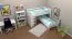 Etagenbett L-Form 90 x 200 cm | Buche Massivholz | weiß lackiert | mit Regal | inkl. Rollrost | umbaubar in Einzelbetten Abbildung