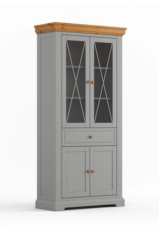 Breite Vitrine Gimone 02, aus finnischer Kiefer, Grau, eine Schublade, Maße: 200 x 95 x 41 cm, zwei Glastüren, fünf Fächer, Soft-Close-Funktion
