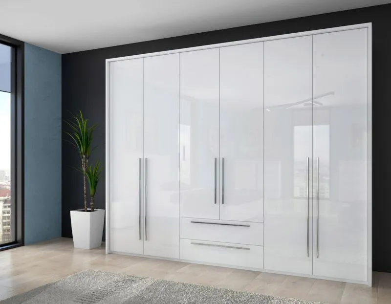 Kleiderschrank | 6 Drehtüren | 2 Schubladen | 7 Fächer | mit 3 Kleiderstangen | 277 cm breit | Farbe: Weiß Abbildung