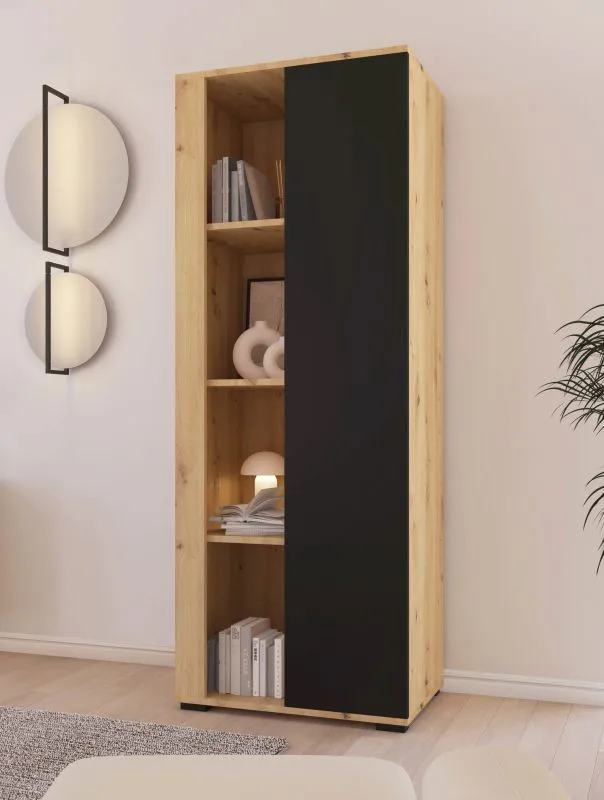 Bücherregal | Farbe: Eiche Artisan / Schwarz | Beine: Metall | 1 Tür | Maße: 60 x 40 x 162 cm | 8 Fächer | Türanschlag wechselbar | Push-to-open Funktion