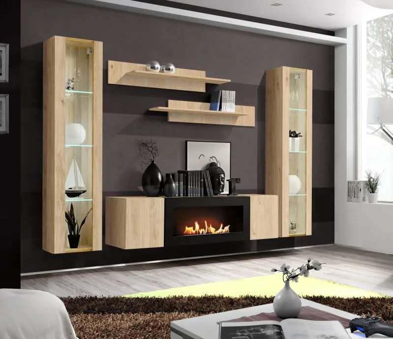 Wohnwand | Farbe: Eiche Hickory Jackson | 2 Hängevitrinen | 1 TV-Unterschrank mit Bio-Ethanol Kamin | 2 Wandregale | inkl. LED-Beleuchtung