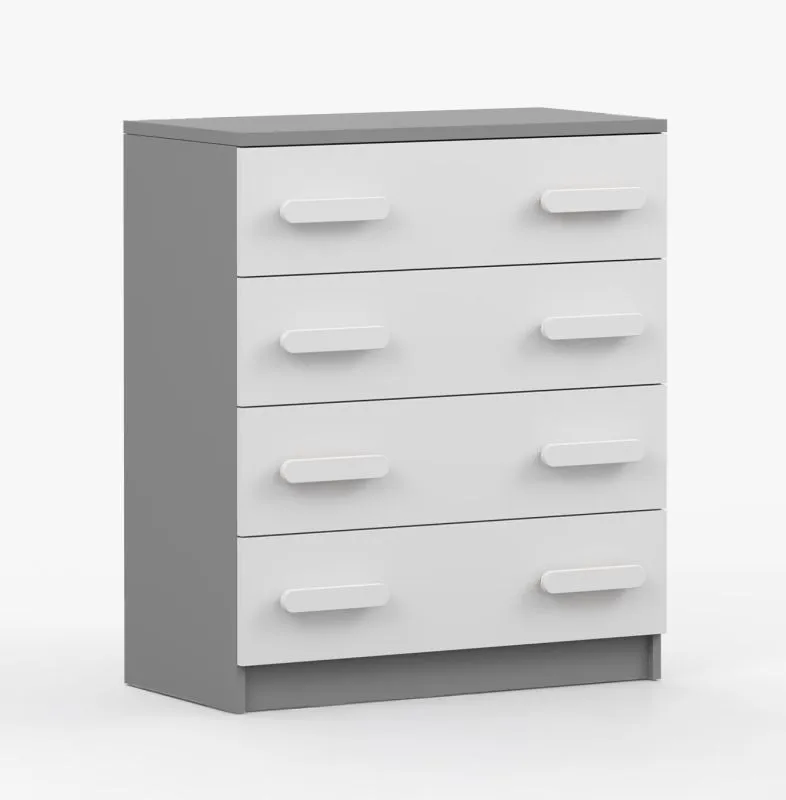 Kommod 80 cm breit | Weiß / Grau | Smolikas 17 | 90 x 80 x 50 cm | 4 geräumige Schubladen | weiße Holzgriffe | Kinder | Jugend