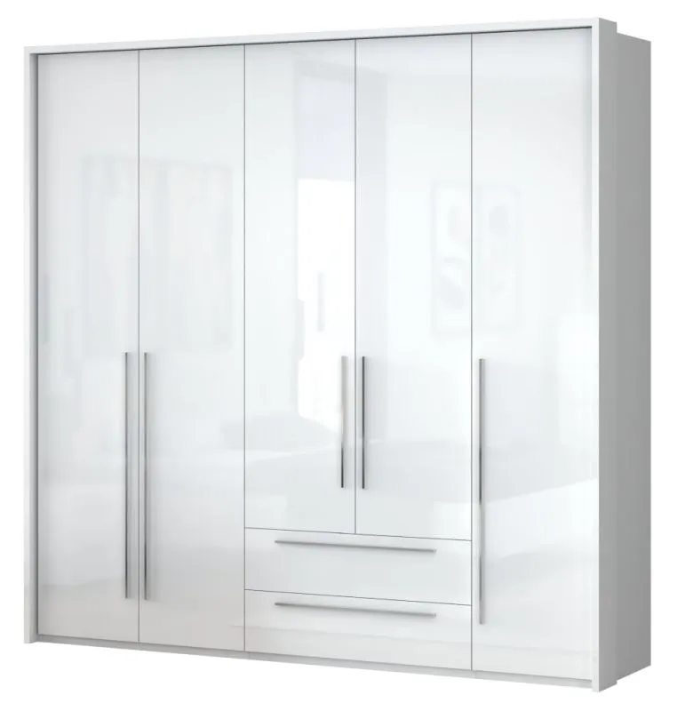 Drehtürenschrank / Kleiderschrank mit LED-Rahmen Siumu 31, Farbe: Weiß / Weiß Hochglanz - 226 x 232 x 60 cm (H x B x T)