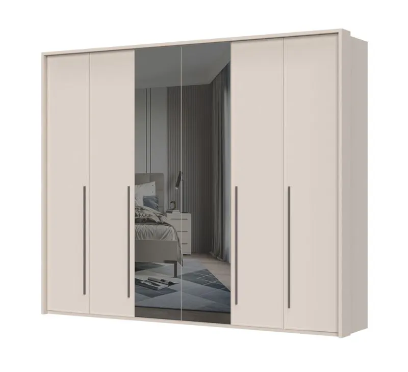 Drehtürenschrank mit Rahmen Neiafu 47, zwei Spiegeltüren, drei Kleiderstangen, neun Einlegeböden, Maße: 224 x 272 x 56 cm, Soft-Close-Funktion